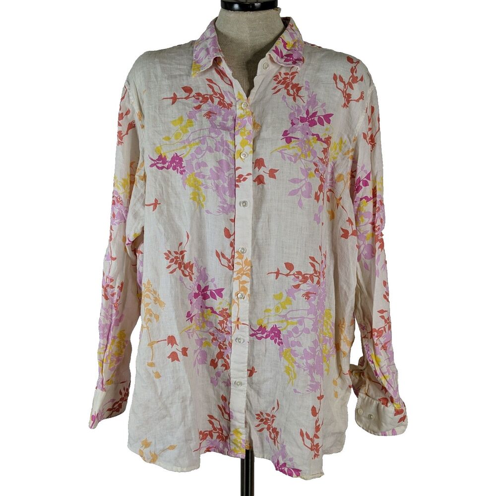 Lands End Floral Linen Button Down Shirt Ivory Women Size 3X Pink Coral